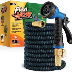 Flexi Hose 50FT Expandable Garden Hose – Lightweight, No-Kink, 8-Function Spray Nozzle, Double Latex Core & 3/4” Solid Brass Fittings
